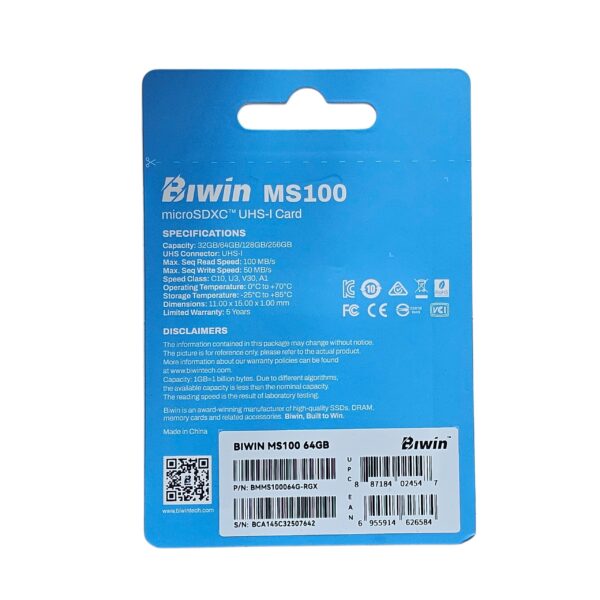 MEMEORIA BMMS100064G-RGX - BIWIN MICROSD MS100 64GB UHS-I